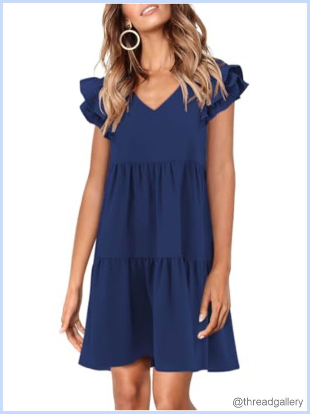 Women's Babydoll Mini Dress Ruffle Cap Sleeve V-Neck Flowy Swing Sundress